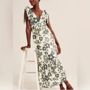 Abercrombie & Fitch Tie Strap Babydoll Cream Green Floral Maxi Dress Small